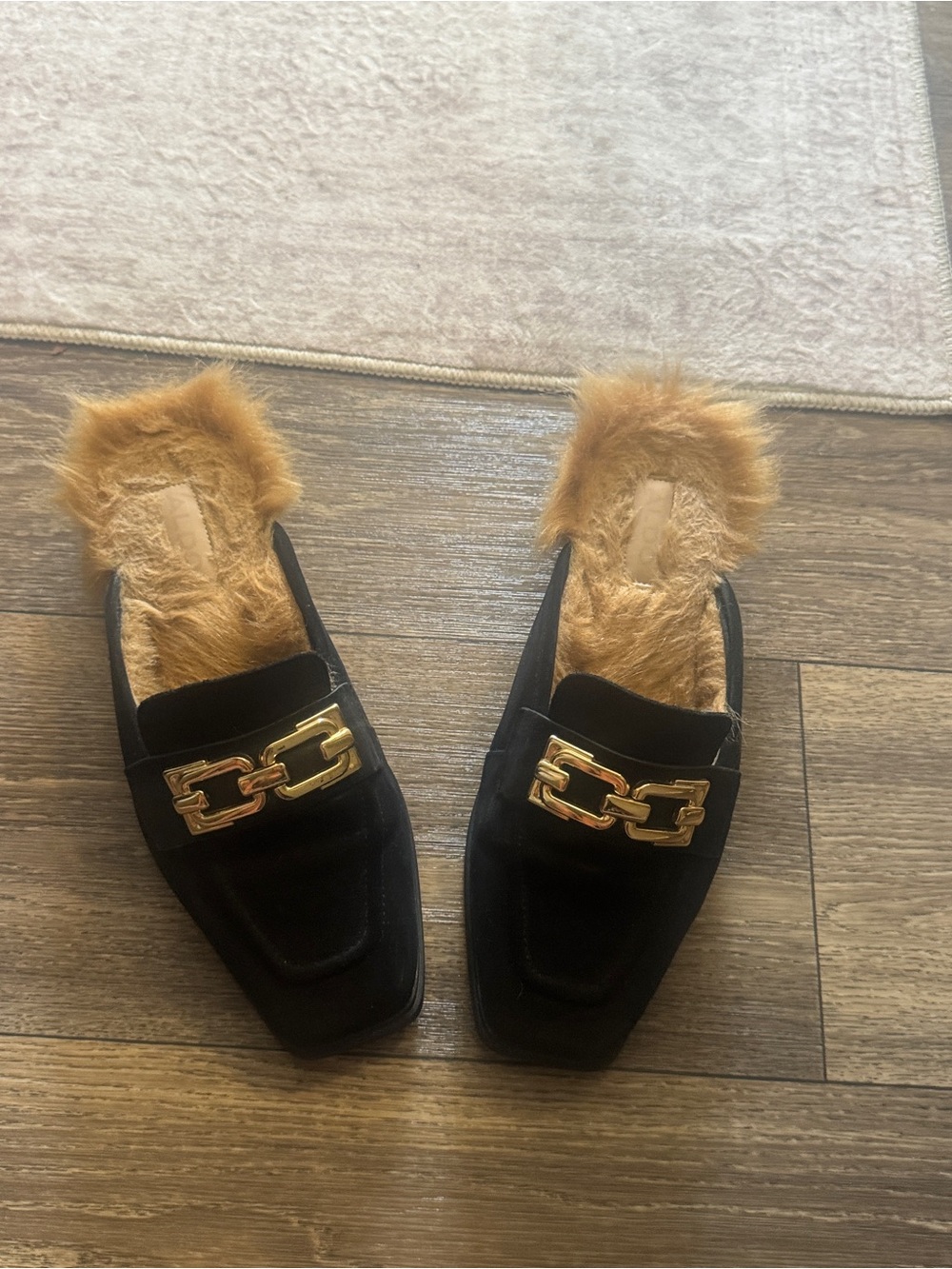 Aldo Black Fur-Lined Mules with Gold Hardware